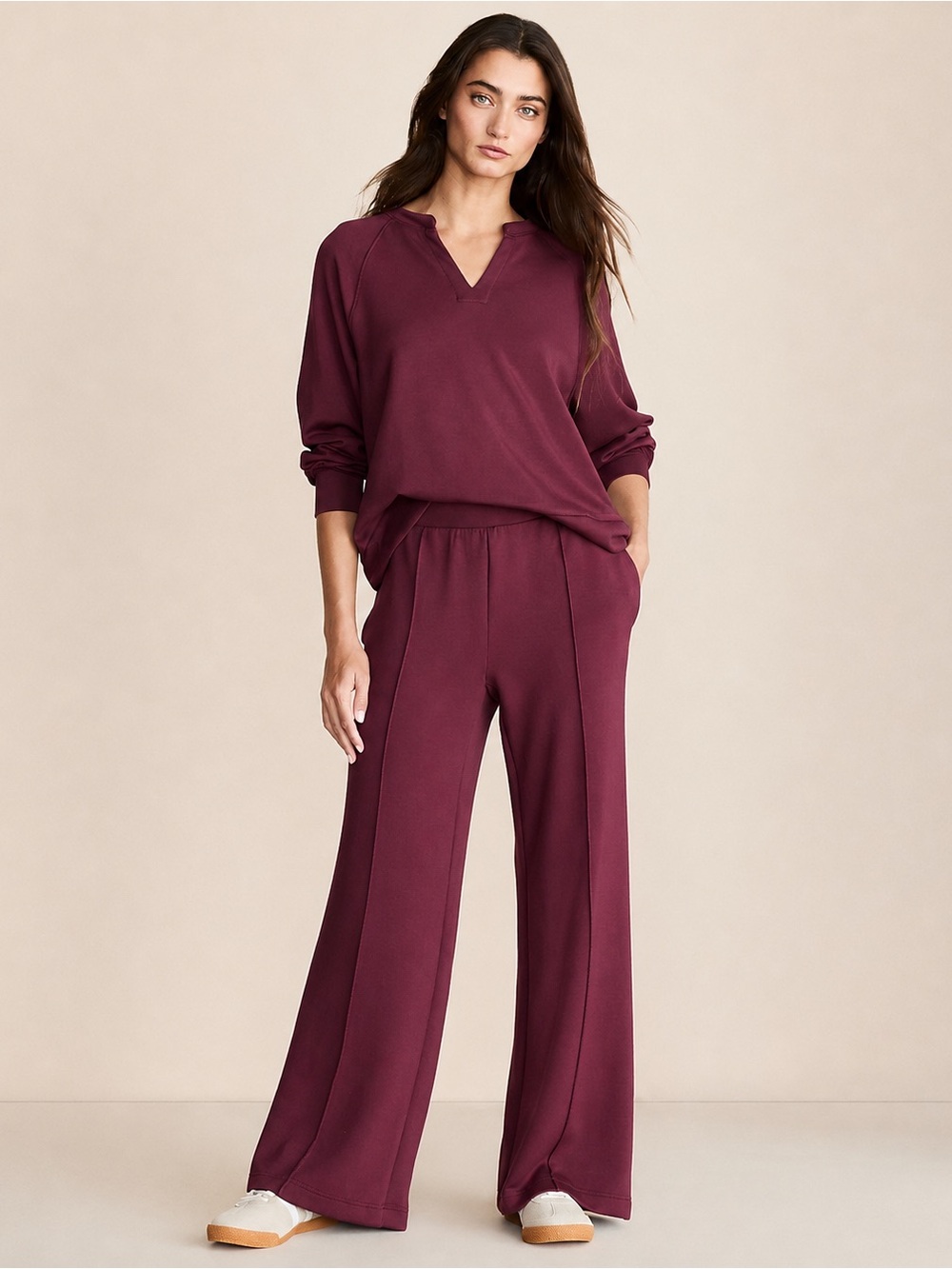 Lou & Grey Scubasoft Set Sz L Burgundy Wide Leg Pintuck Pants  Long Sleeve Top